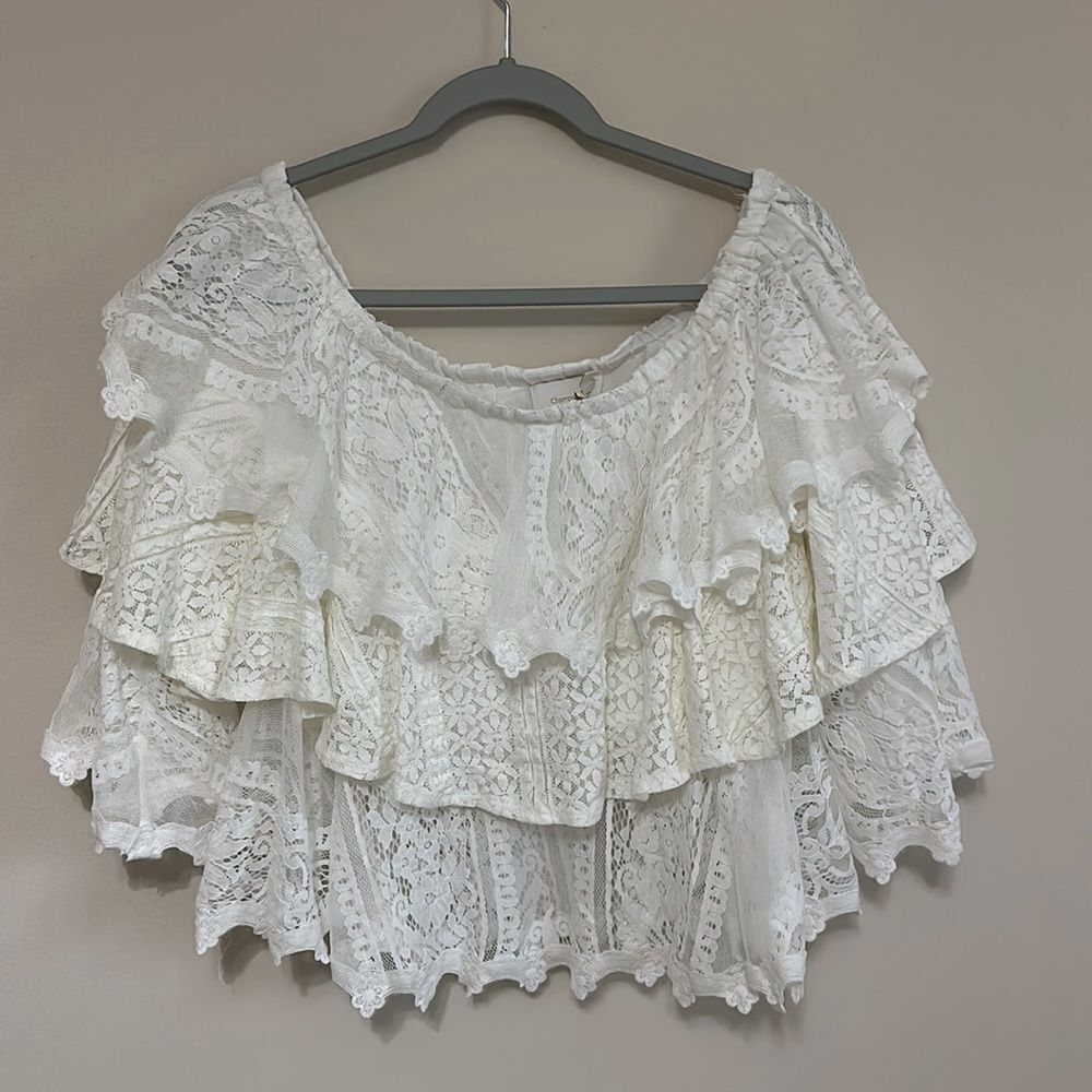 Anthropologie Champagne & Strawberry Ruffled Layered Lace Off Shoulder Top